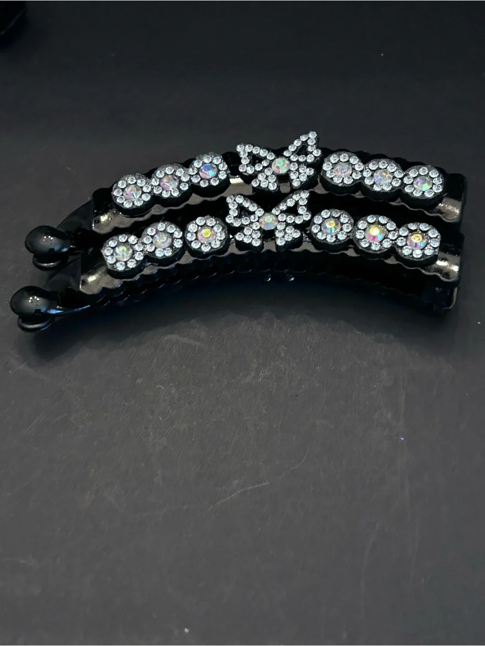 Black Banana Hair Clips with Multicolor Rhinestones - Set of Six - Brand New